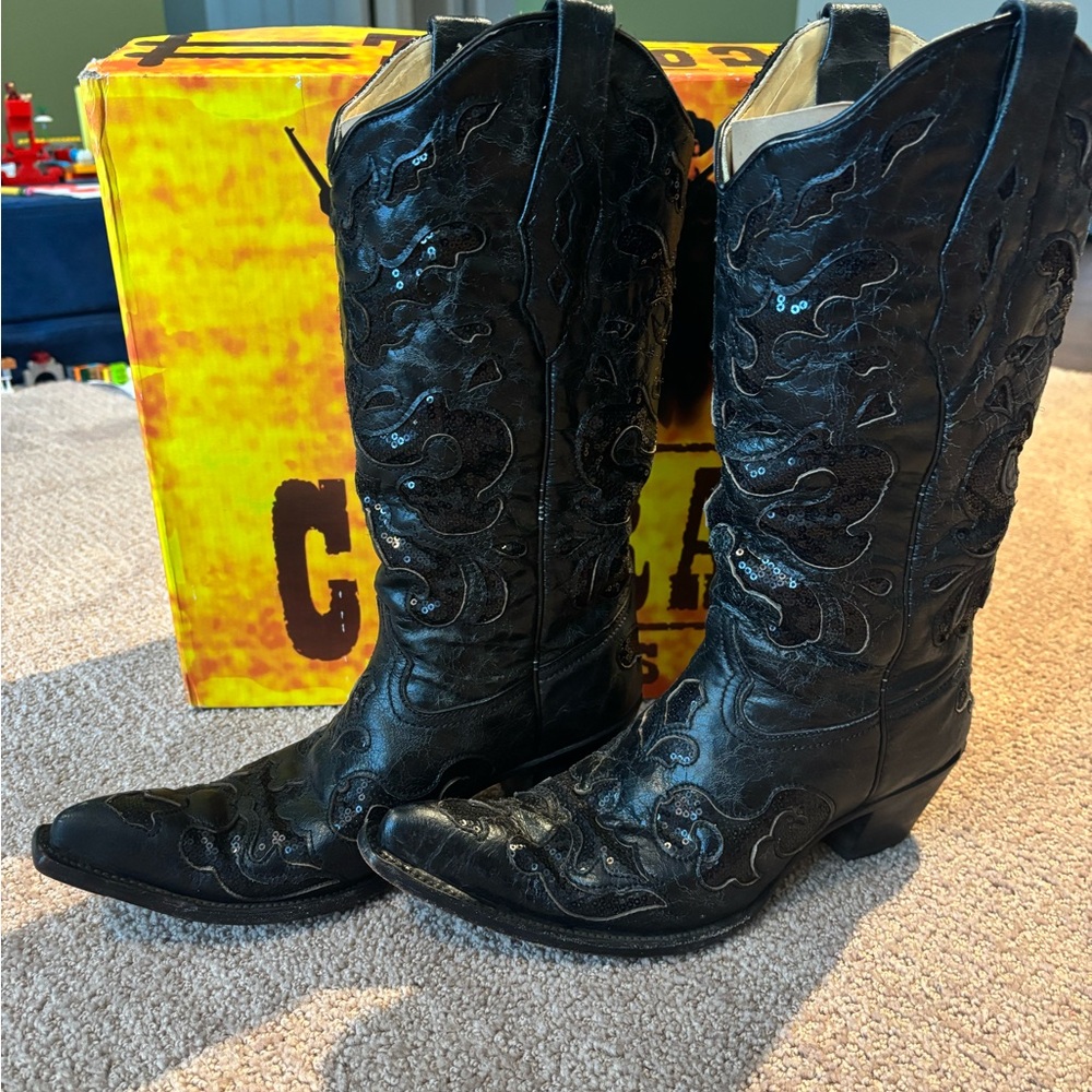 Corral Black Goat Sequence Inlay Western Cowboy Boots - Picture 4 of 6